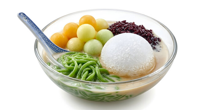 Traditional Thai dessert Lod Chong with green rice noodles, melon balls, black sticky rice and coconut milk in glass bowl