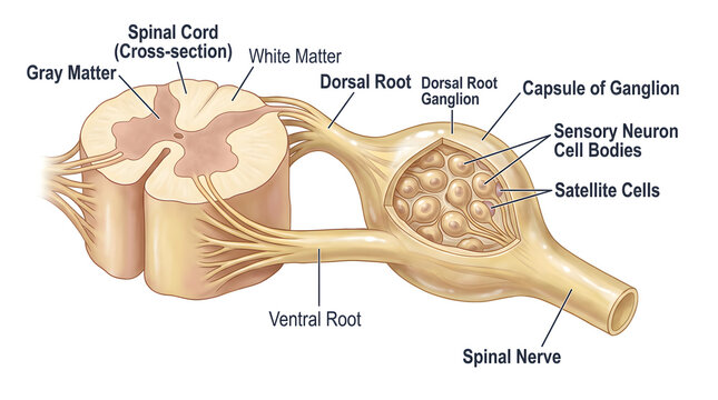 Spinal cord and dorsal root ganglion diagram showing gray and white matter, dorsal and ventral roots joining to form a spinal nerve, with enlarged capsule of ganglion containing clustered sensory neur