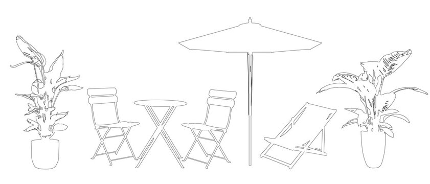 Set of garden furniture in elevation view for use in architectural drawings - isolated on transparent background