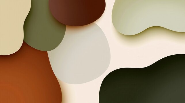 Abstract layered paper-cut composition with organic rounded shapes in earthy tones-olive, terracotta, cream, beige and dark green with soft shadows adding depth.