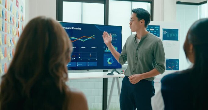 Group of Asian businesspeople work together leads business meeting uses presentation TV with revenue, profit or sale statistics in office. Financial generation z team brainstorm on e-Commerce project.