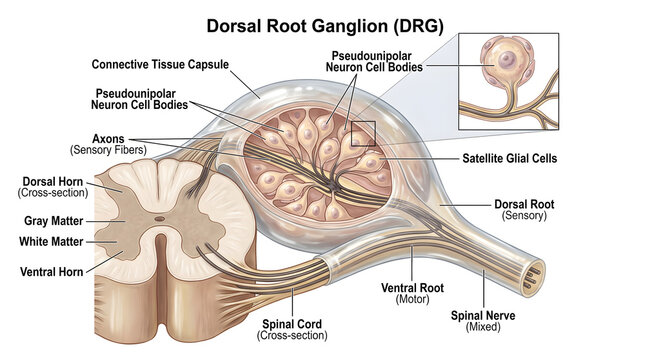 Dorsal root ganglion anatomical illustration showing cross‑section of spinal cord gray and white matter with sensory neuron cell bodies, axons, satellite glial cells and connective tissue capsule form