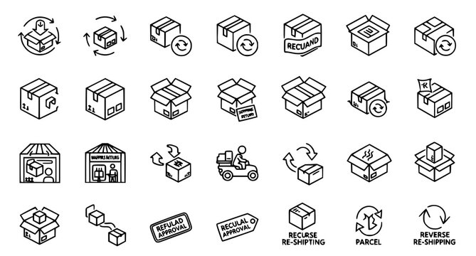 Package return and shipping process line icons set for logistics