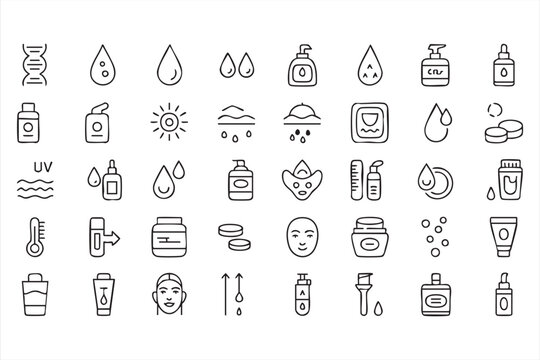 Beauty and skincare icon collection with face care hydration serum lotion sunscreen and cosmetic symbols for wellness apps
