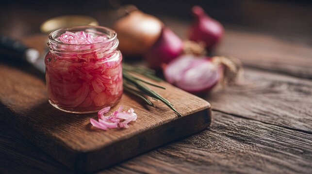 Wooden cutting board with a jar of pickled onions placed along one edge, visible texture filling the rest of the frame