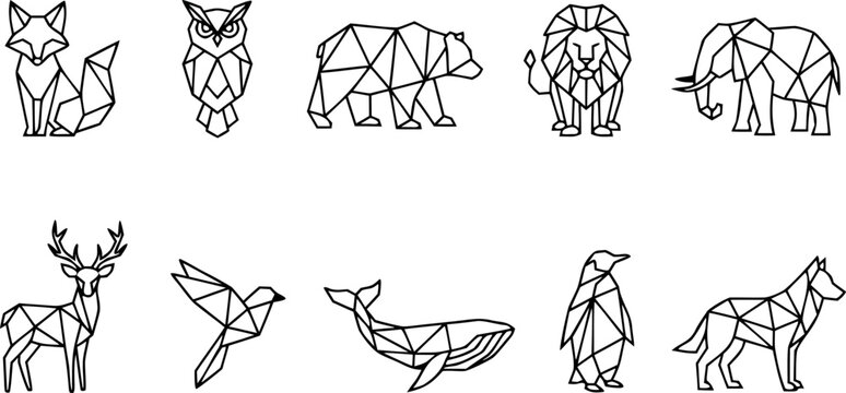 Geometric low poly animal outline vector icon set for modern brand identity and creative logo design.
