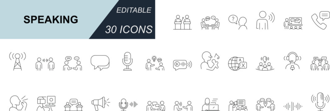 Line icon set for speaking. With voice communication, podcasting and broadcasting. For UI, apps, audio systems, presentations,  and interactive communication platforms. Editable vector style.