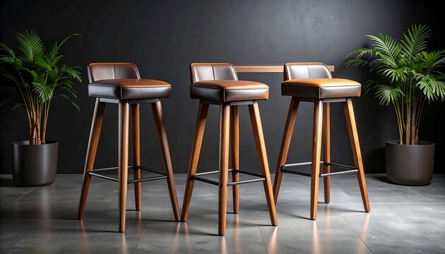 Three modern bar stools with brown leather seats and wooden legs are positioned in front of a dark gray wall, flanked by potted plants