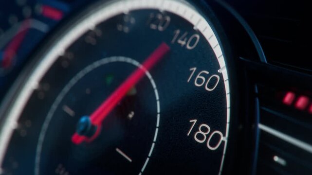 3D animation: Close-up Shot of Mechanical Gauge Cluster of a Classic Sports Car. Concept: Speed, Acceleration Performance and Power. Analogue Speedometer Showing Quick Acceleration of a Vehicle. 