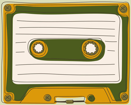 Cassette Tape Retro Music Vintage Technology Audio Media Green Yellow Illustration. Old School Recording Device Analog Sound Format Nostalgia Concept Classic Equipment