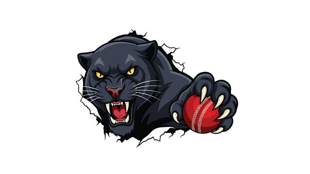 Aggressive black panther mascot bursting through a white wall while holding a red cricket ball in its sharp-clawed paw with a roar.
