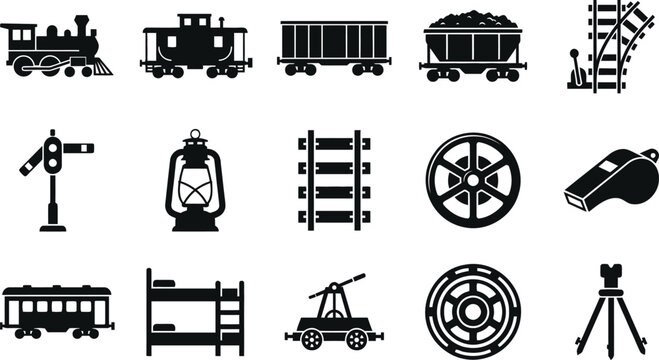 A collection of black silhouette icons representing various elements of train travel and railway infrastructure