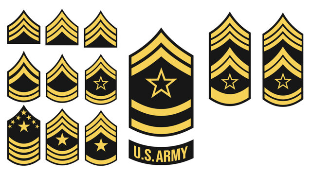 Detailed set of United States Army rank insignia icons in gold and black, showcasing various sergeant and specialist designations.