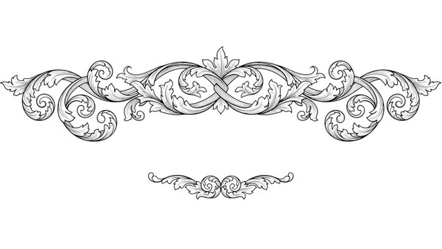 Highly ornate vintage scroll border with classical acanthus leaf patterns and intricate decorative flourishes in black and white.