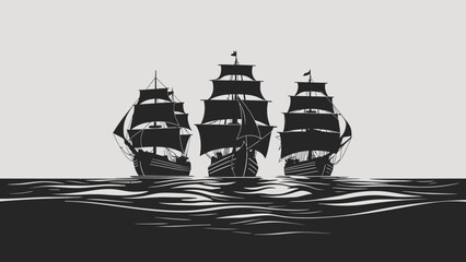 Three historic sailing ships in black silhouette on calm waters with wavy surface and light gray background © Sourav Bairagi