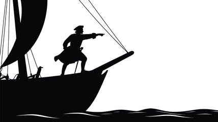 Silhouette of a man standing on a ship sailing through waves pointing ahead black outline against white background © Sourav Bairagi