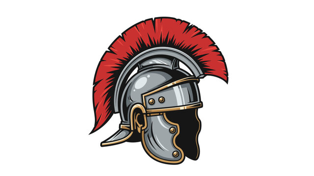 Detailed illustration of a Roman centurion or gladiator helmet with a bright red plume against a white background.