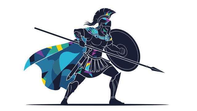Powerful silhouette of a Spartan warrior or gladiator with a spear shield and helmet with a colorful cape.