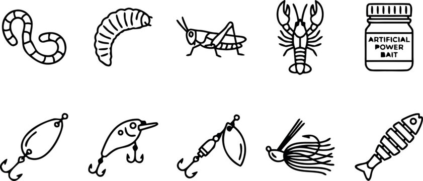 Fishing lures and artificial bait outline vector icon set for angling sport shop and outdoor hobby app design.