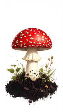 Vibrant red-capped mushroom with white spots, emerges from rich dark soil