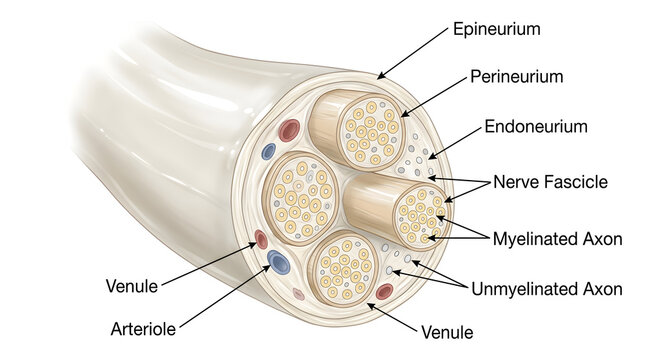 Cross‑section of a peripheral nerve showing multiple fascicles surrounded by epineurium, perineurium and endoneurium with myelinated and unmyelinated axons plus accompanying arteriole and venules supp