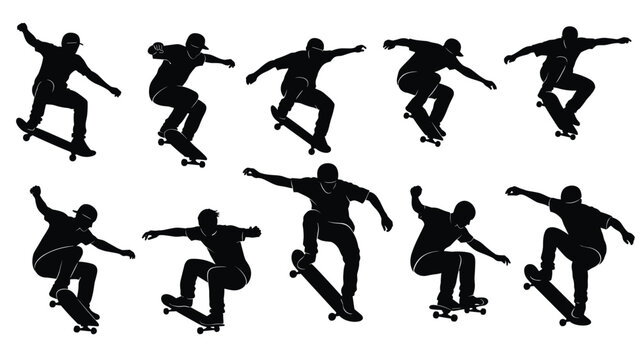 Set of black silhouettes of skateboarders performing various aerial tricks and flips on their boards against a clean white background for sport design.