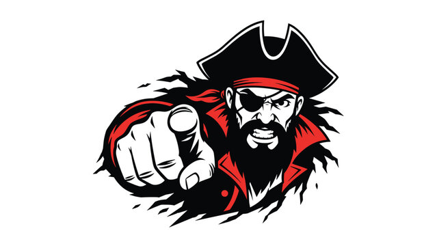 Fierce pirate captain mascot with an eye patch and beard pointing his finger directly forward to the viewer in image.