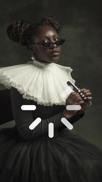 Stylish woman with nail file and loading symbol in fashion portrait. Concept of beauty app loading, manicure service animation, buffering content, waiting interface and digital status indicator.