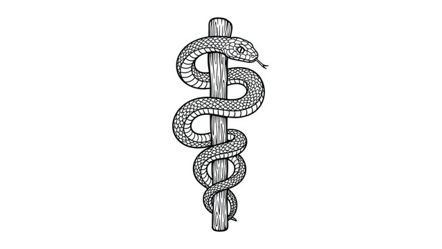 Classic black and white medical symbol featuring a snake coiled around a rustic wooden staff representing the rod of Aesculapius.