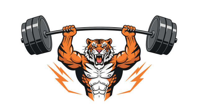 Strong illustration of a muscular tiger mascot lifting a heavy barbell over its head with electric bolts for fitness and gym branding.