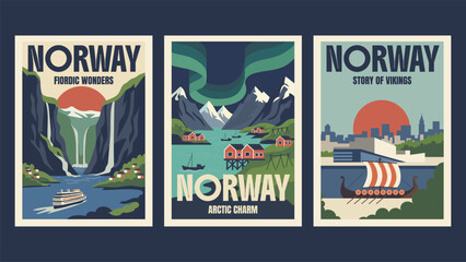 Vintage travel posters set of Norway in retro minimalist flat style. Nostalgic mood © barsrsind