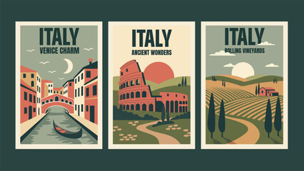 Obraz premium Vintage travel posters set of Italy in retro minimalist flat style. Nostalgic mood