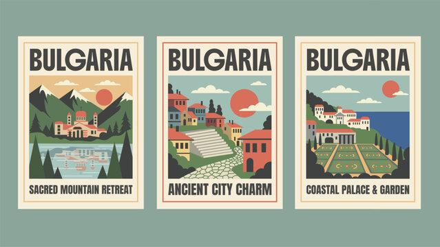 Vintage travel poster of Bulgaria in retro minimalist flat style. Nostalgic mood