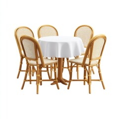 Fototapeta premium Elegant Outdoor Dining Set with Rattan Chairs and Table Covered with White Tablecloth for Stylish Al Fresco Experience