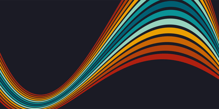 Abstract background of rainbow groovy Wavy Line design in 1970s Hippie Retro style. Vector pattern ready to use for cloth, textile, wrap and other.