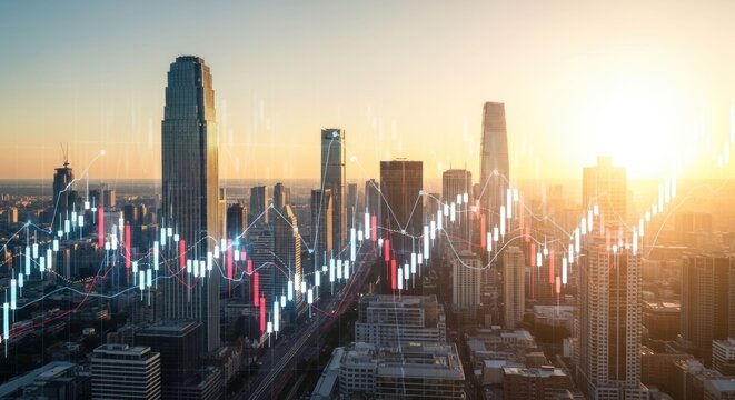 Financial Stock Market Data Over Cityscape at Sunrise.