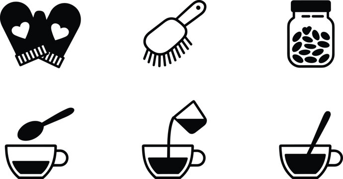 Cozy winter and kitchen icons set featuring mittens brush coffee cups and jar with beans vector illustration