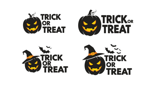 Trick or treat Halloween pumpkin logo set with witch hats