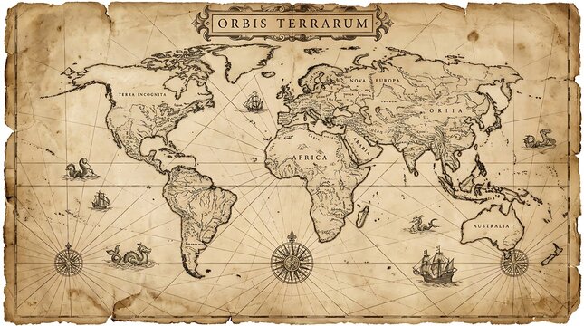 An antique world map filled with nautical elements. This detailed map shows the continents and oceans with cartographic artistry and navigation elements.