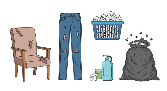 Trash and waste management icons with junk and old items