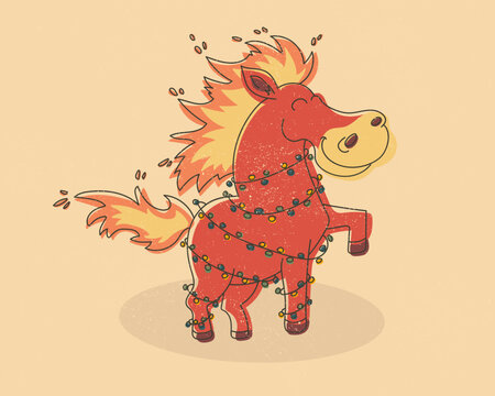 Cute Fire Horse Character With Christmas Lights Illustration