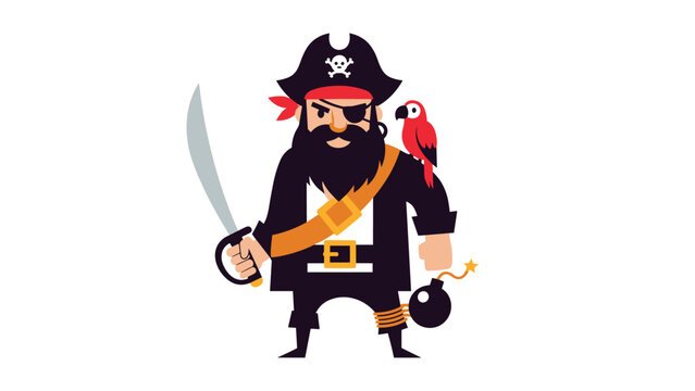 Courageous cartoon pirate captain holding a sharp cutlass and a lit bomb while a colorful parrot sits perched on his shoulder.