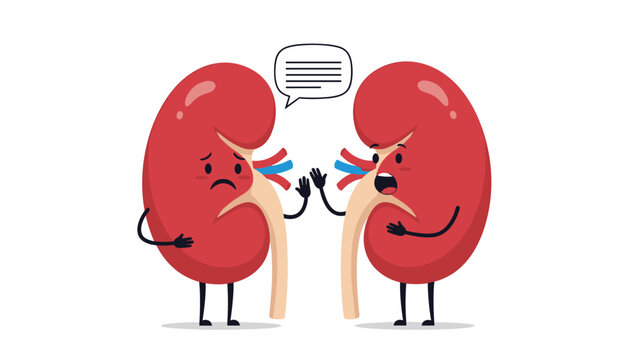 Humanoid kidney organ characters with expressive faces depicting emotions of concern and alarm with a speech bubble for medical.