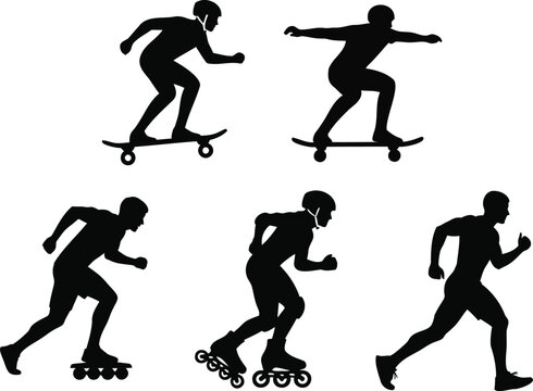 Skater rollerblader and runner silhouette set for sport activity vector illustration.
