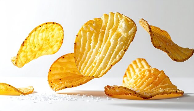 Rippled potato crisps with salt crystals, suspended against a white background