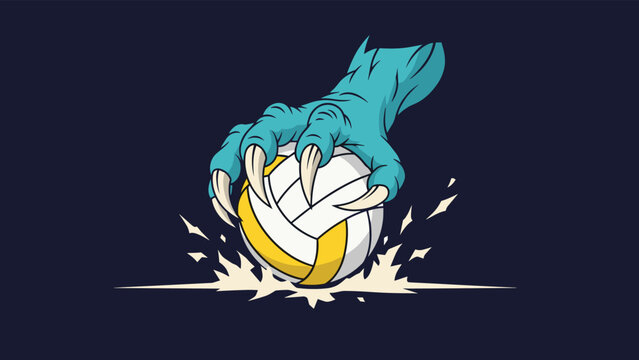Blue monster or creature claw hand with long white talons grabbing a yellow and white volleyball on dark background.