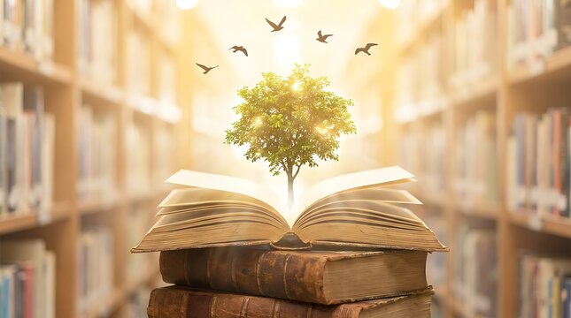 An open book with a tree growing out of it, symbolizing knowledge, growth, and the power of reading
