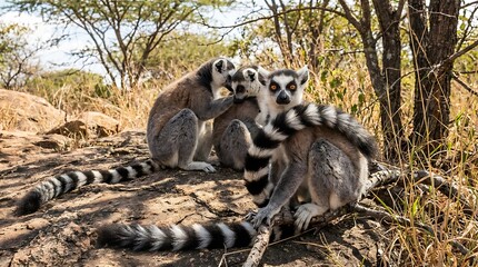 Fototapeta premium A captivating scene of lemurs interacting in their natural habitat. These lemurs display their distinctive ringed tails and are surrounded by the natural beauty of their environment