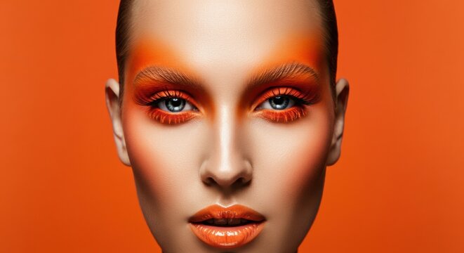 Woman with bold orange makeup stares confidently against a warm orange backdrop