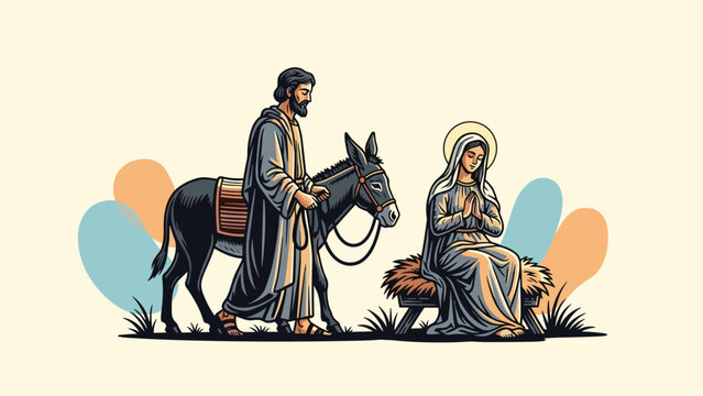 Holy family including Joseph leading a donkey and Mary sitting on a hay bale during their journey to Bethlehem for Christmas.